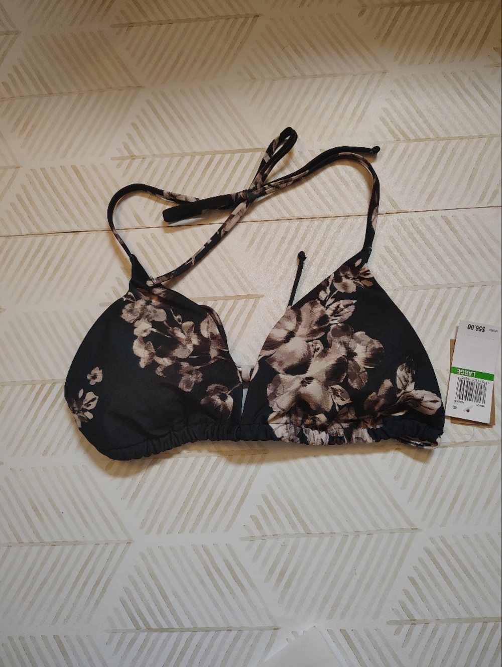 RACHEL Rachel Roy Nwt Large Black Floral Triangle Bikini Top with Neutral Blooms